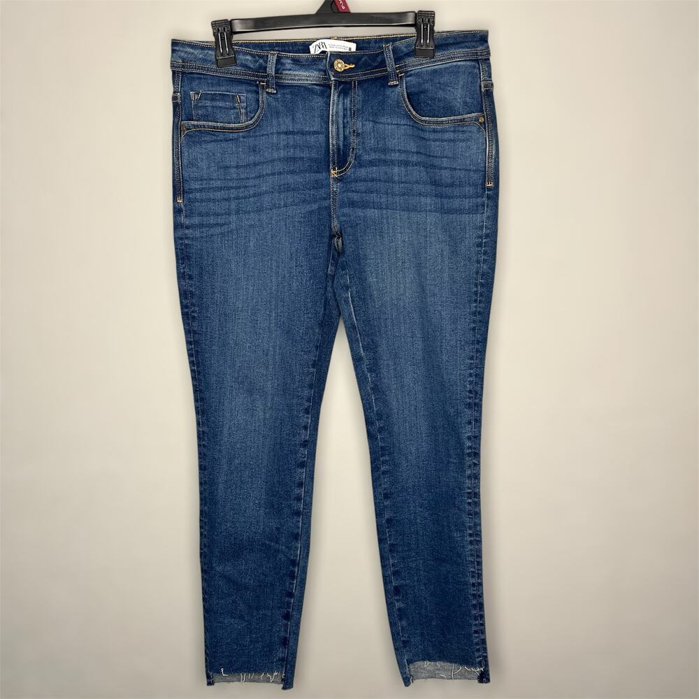 Zara Jeans 12 Womens Step Hem Med Wash Mid Rise Denim Stretch Cotton Ankle Slim
